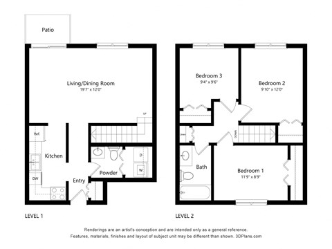 Floor plan for 3 beds, 1.5 baths, 961 sqft